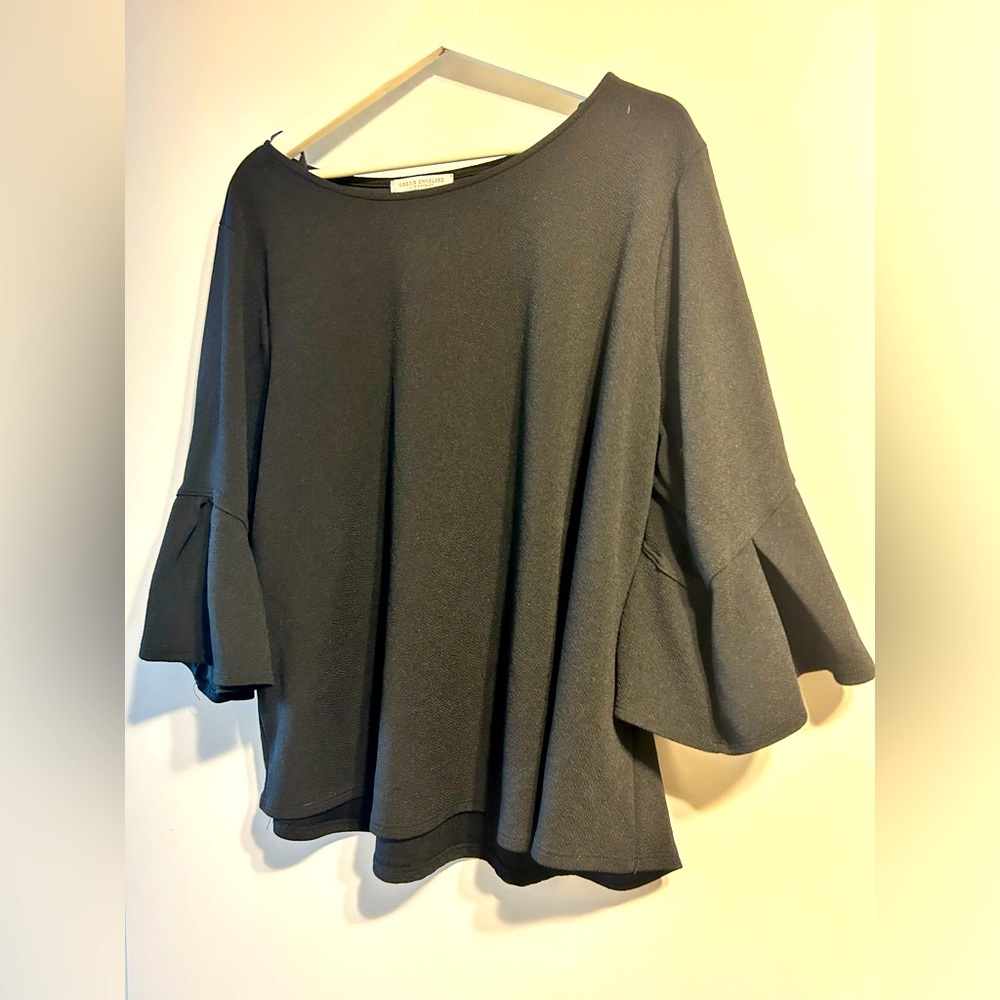 Black, green envelope, bell sleeve blouse